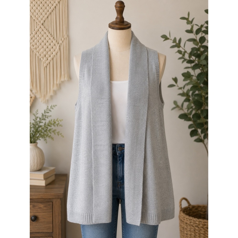 Joan Vass Studio Gray Cable Knit Open Front Shawl Collar Sweater Vest Womens S